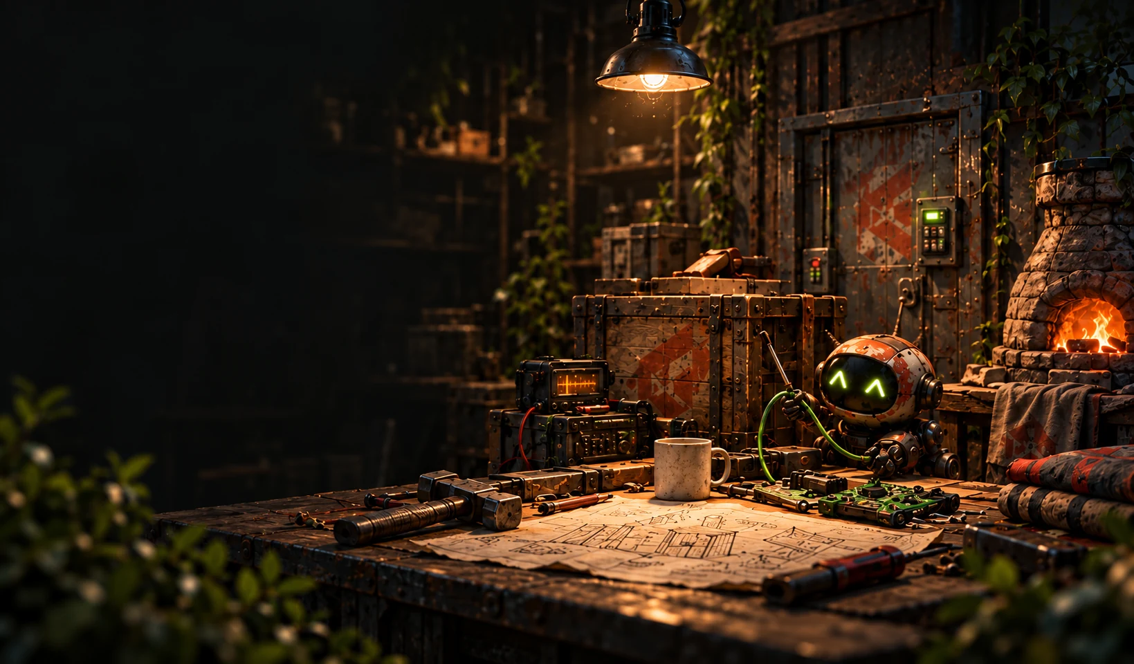 Мастерская Rust: кодовый замок, печь, ящики, инструменты и маленький робот за рабочим столом